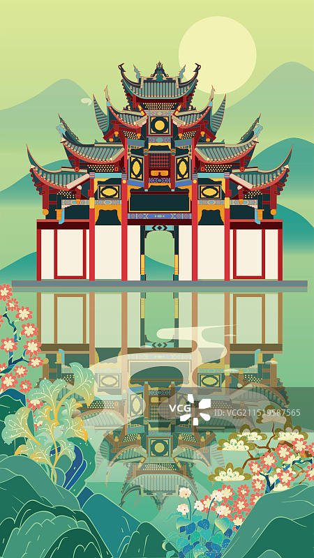 国风地标城市风光矢量插画系列—国潮风 四川 自贡市 盐业历史博物馆图片素材