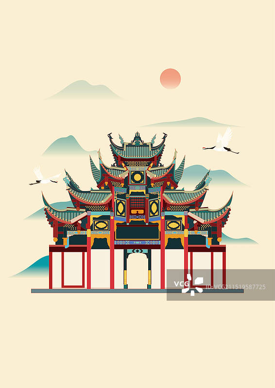 国风地标城市风光矢量插画系列—国潮风 四川 自贡市 盐业历史博物馆图片素材