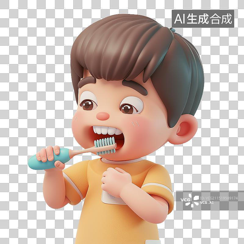 【AI数字艺术】刷牙和牙齿健康卡通插画元素，刷牙和牙齿健康卡通插画.一个刷牙的儿童3d插画图片素材