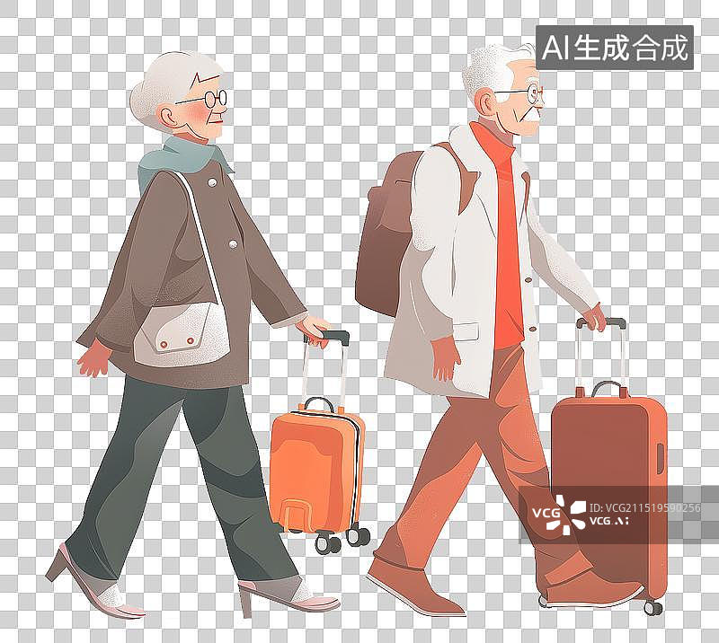 【AI数字艺术】重阳节关爱老人插画 肌理插画人物元素 微笑幸福的老年夫妇 拉行李箱旅游的老年夫妻 退休生活图片素材