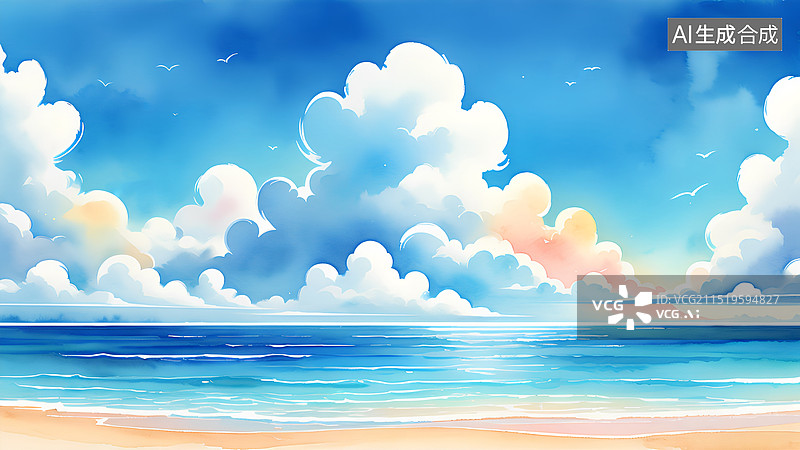 【AI数字艺术】水彩风景插画 美丽的海滩和大海图片素材