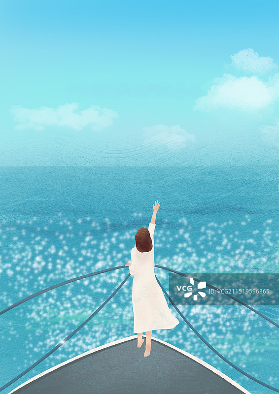 海边船上的女孩风景插画图片素材