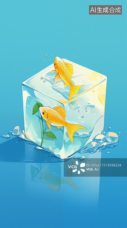【AI数字艺术】冻在冰块里的新鲜鱼，生鲜线上购物平台，新鲜蔬菜配送服务，全球变暖，冰川融化，冻在冰块里的新鲜鱼，图片素材
