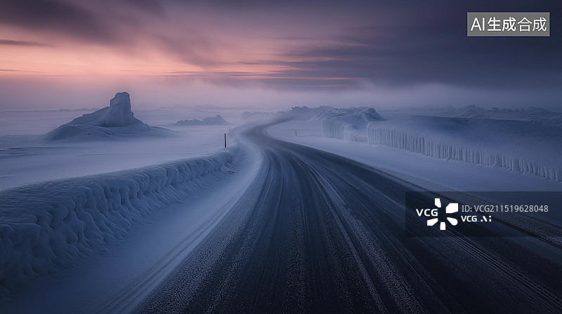 【AI数字艺术】冬季雪地中的公路图片素材