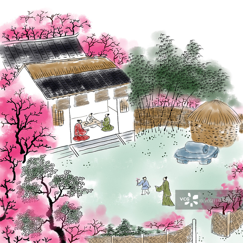 唯美手绘水墨插画二十四节气春分图片素材