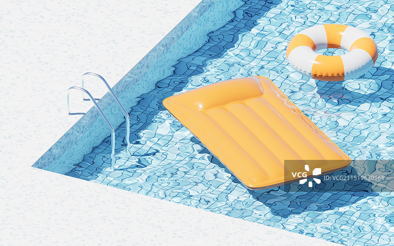 游泳池里漂浮的气垫床三维渲染图片素材