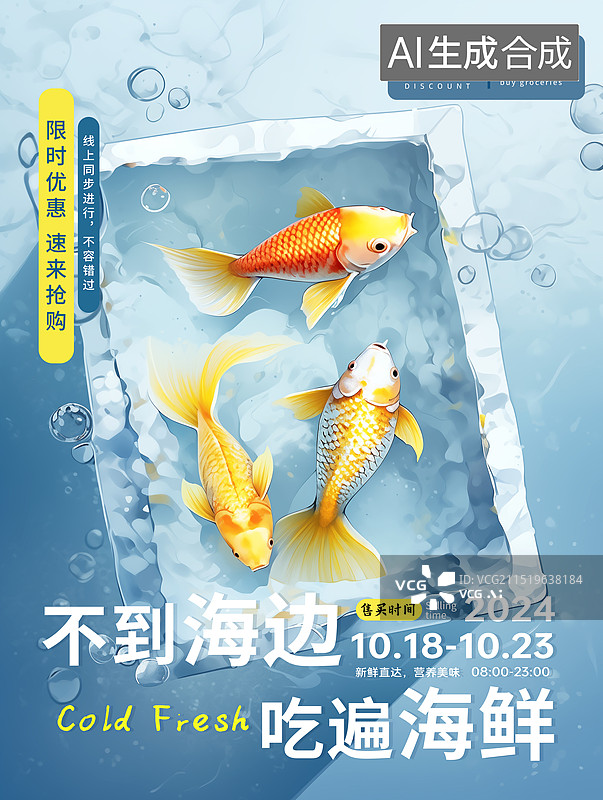 【AI数字艺术】冻在冰块里的新鲜鱼，生鲜线上购物平台，新鲜蔬菜配送服务，全球变暖，冰川融化，海鲜美食插画海报模版图片素材