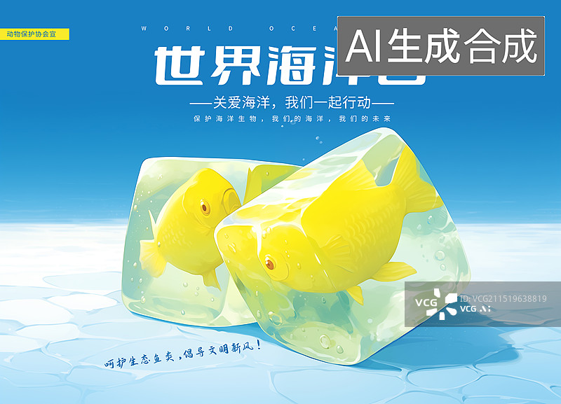 【AI数字艺术】冻在冰块里的新鲜鱼，生鲜线上购物平台，新鲜蔬菜配送服务，全球变暖，冰川融化，爱护环境公益插画海报图片素材