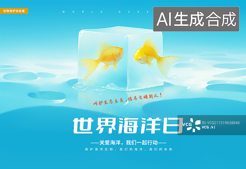 【AI数字艺术】冻在冰块里的新鲜鱼，生鲜线上购物平台，新鲜蔬菜配送服务，全球变暖，冰川融化，爱护环境公益插画海报图片素材