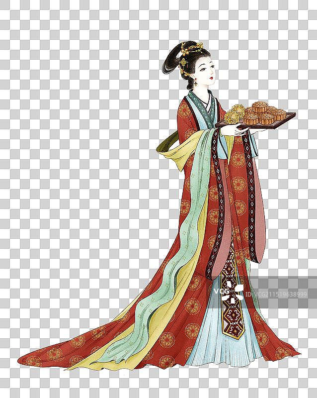 中秋仕女图端着月饼与菊花—国画古风水墨国风元素图片素材