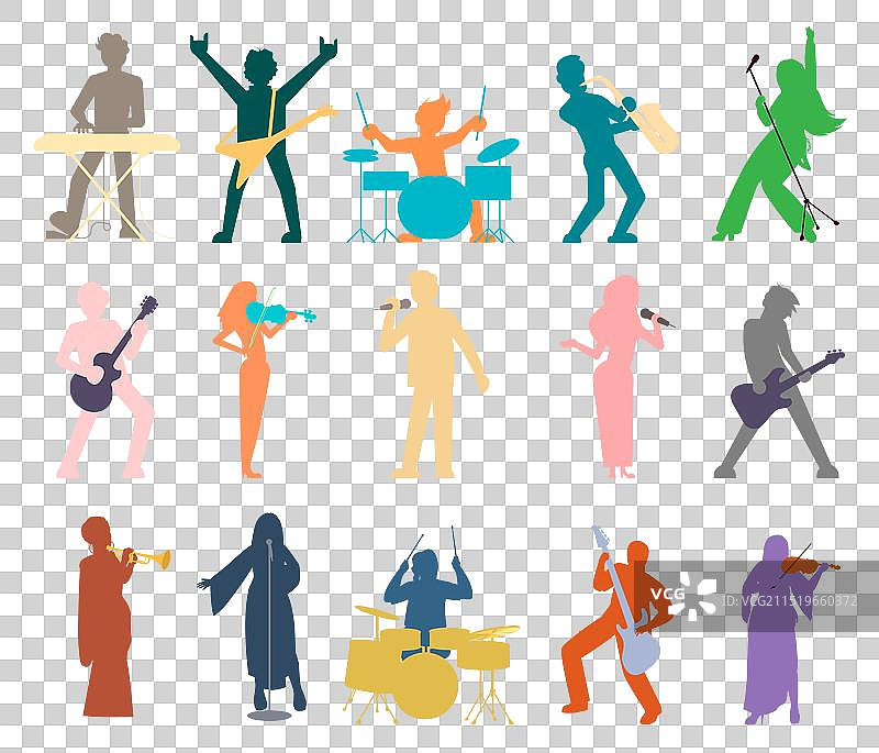 演奏中的音乐家彩色剪影图片素材