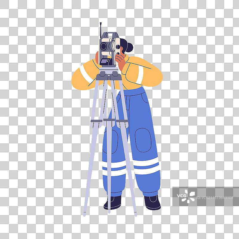 测量员使用经纬仪GPS接收器进行测量图片素材