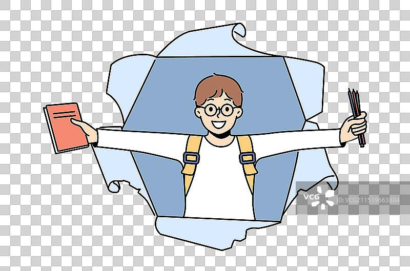 拿着书本，为开学而欢呼的小学生图片素材