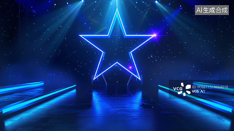 【AI数字艺术】蓝色霓虹星舞台颁奖典礼未来主义概念背景图片素材
