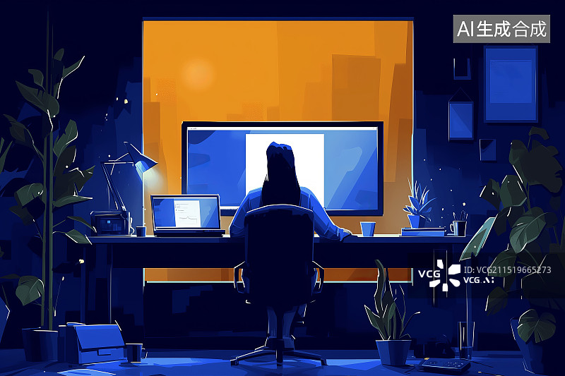 【AI数字艺术】一位职场女性在电脑前加班工作的背影图片素材