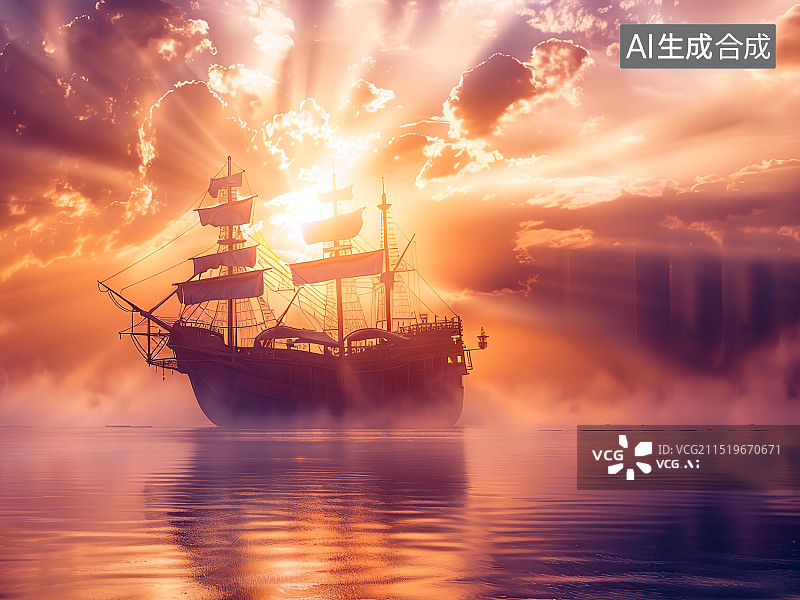 【AI数字艺术】航海主题写实风格插画，古代木制结构的巨型大船，海面上乌云密布，阳光穿过云层，海面上有雾气图片素材