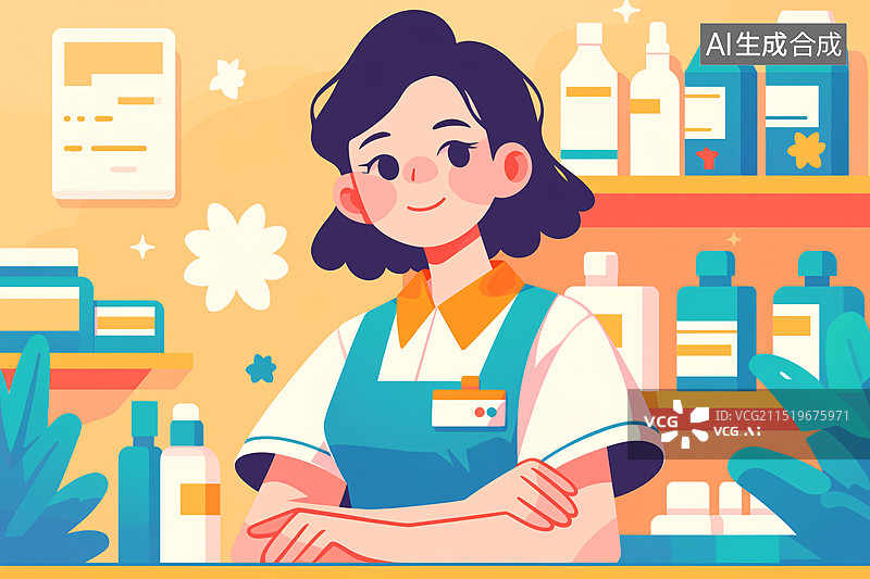 【AI数字艺术】618购物节打折促销女孩超市收银员插画图片素材