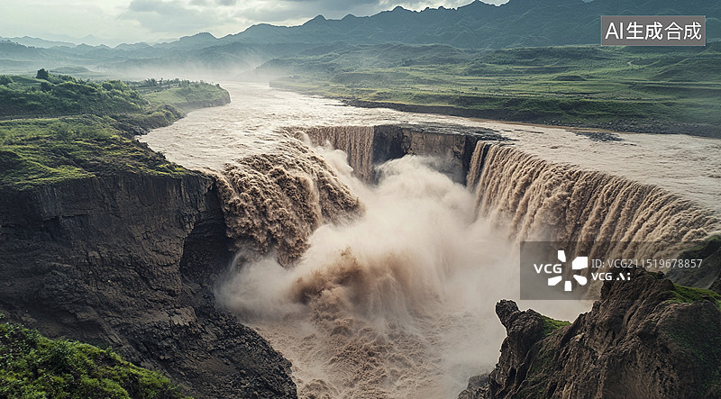 【AI数字艺术】河水冲刷飞流而下的壮观瀑布图片素材
