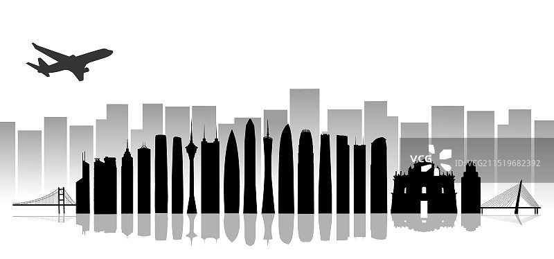 粤港澳大湾区城市地标建筑矢量黑色剪影插画图片素材
