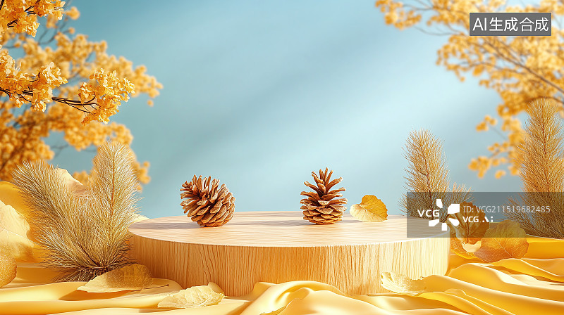 【AI数字艺术】秋天景色木质圆形产品展台图片素材
