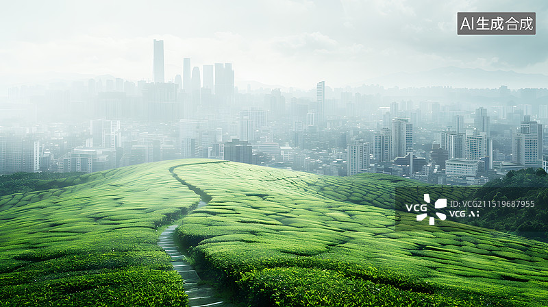 【AI数字艺术】AIGC：晨雾中的茶园和城市风光图片素材