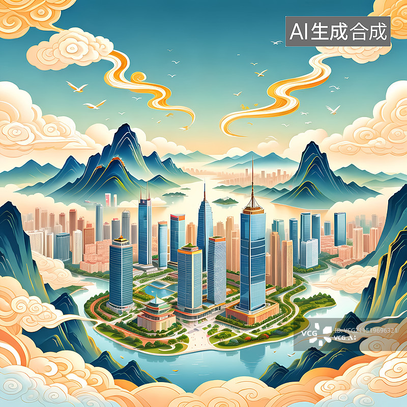 【AI数字艺术】国潮山水城市插画图片素材