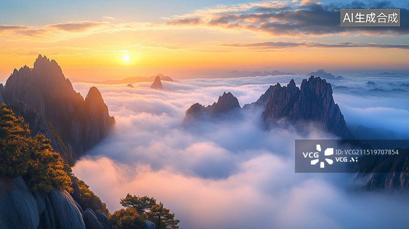 【AI数字艺术】山峰之巅的金色曙光图片素材