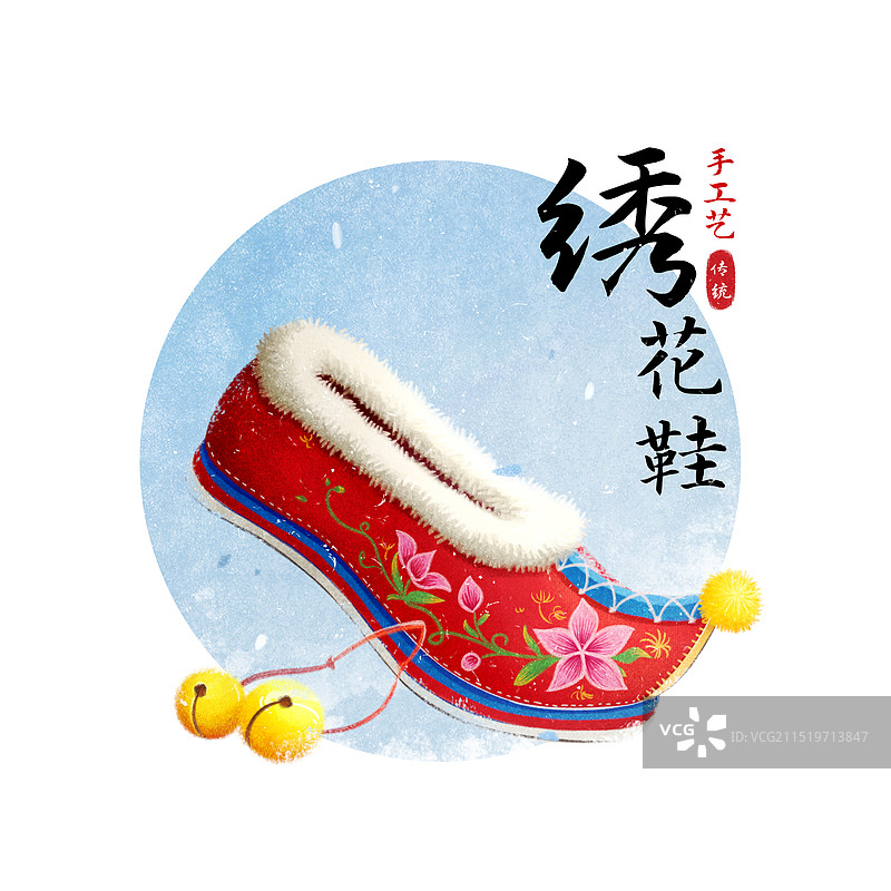 冬季红色绣花鞋铃铛图片素材