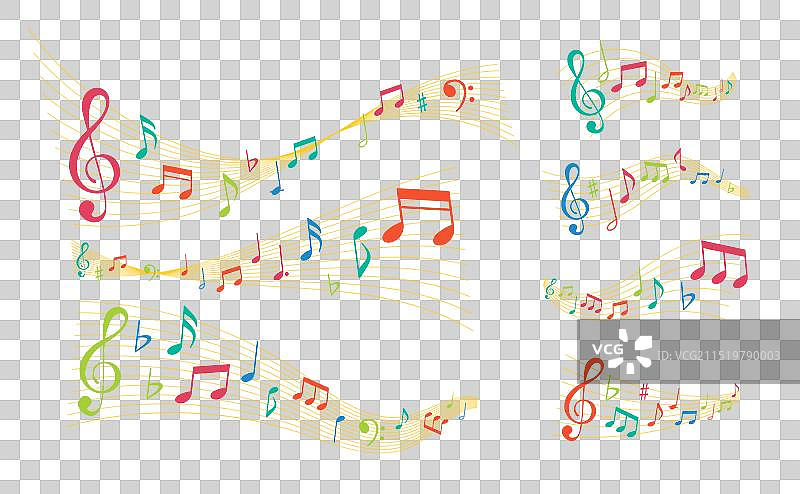 鲜艳的彩色音符和谱号流动图片素材