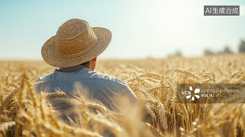 【AI数字艺术】农民在田间看着丰收的小麦图片素材