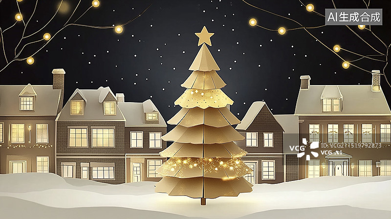【AI数字艺术】圣诞节夜晚剪纸灯光背景图片素材