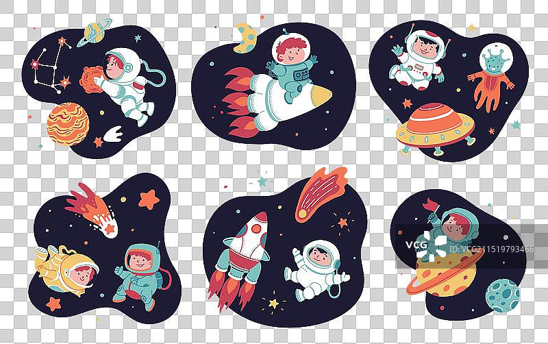 卡通飞船宇航员小孩和外星人图片素材