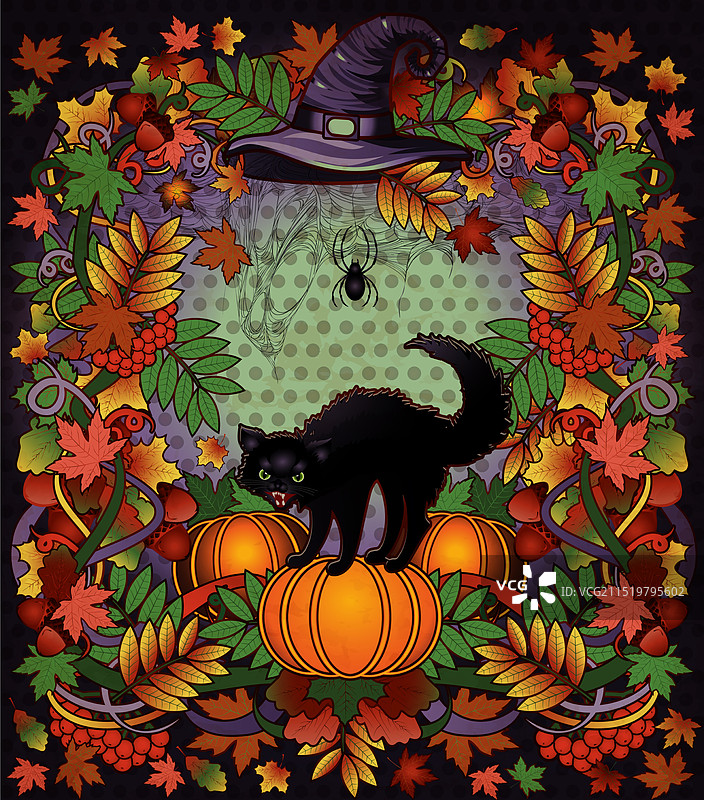 黑猫和南瓜新艺术风格万圣节图片素材