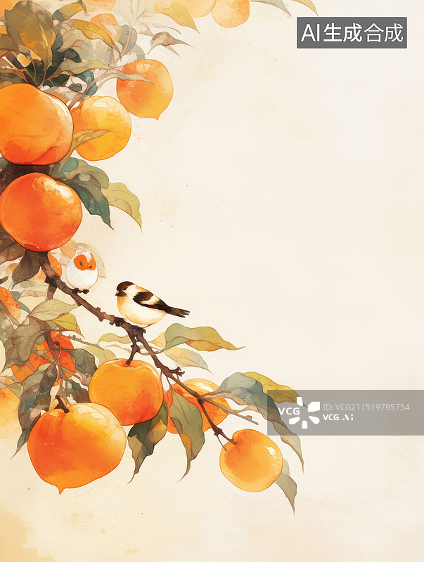 【AI数字艺术】水彩风格小鸟停在柿子树上秋天风景插画图片素材