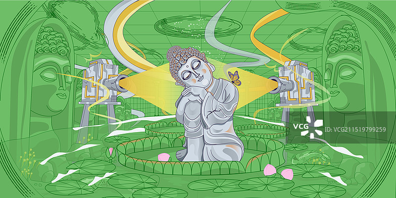 矢量插画卡通佛像神秘探险插画图片素材