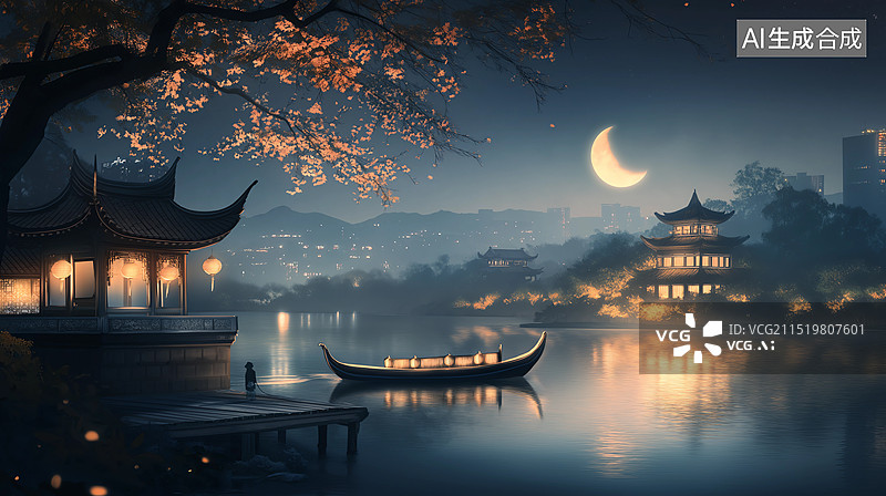 【AI数字艺术】秋季中国风海报——姑苏城外寒山寺，夜半钟声到客船图片素材