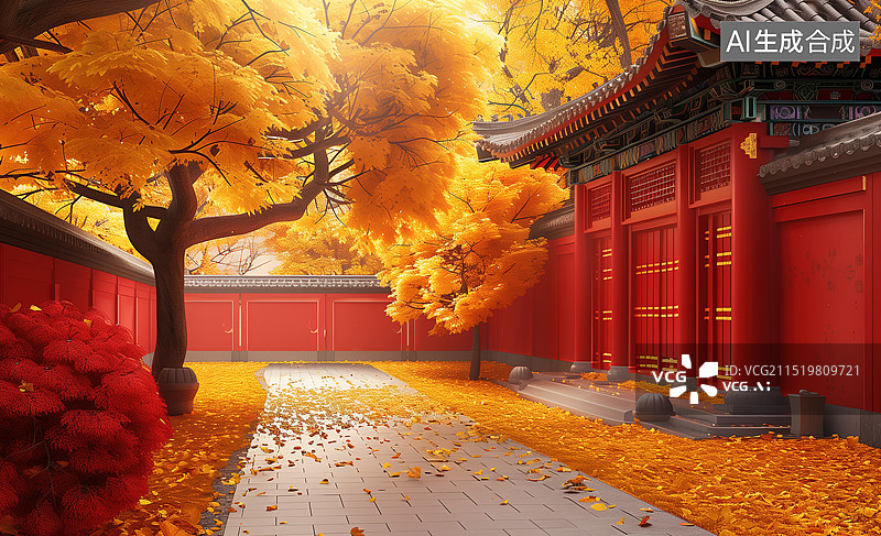 【AI数字艺术】秋天红墙和银杏叶图片素材