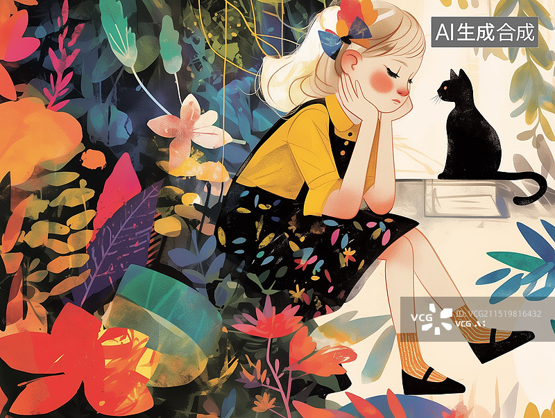 【AI数字艺术】儿童读物绘本插画拼贴风格小女孩与动物奇遇记图片素材