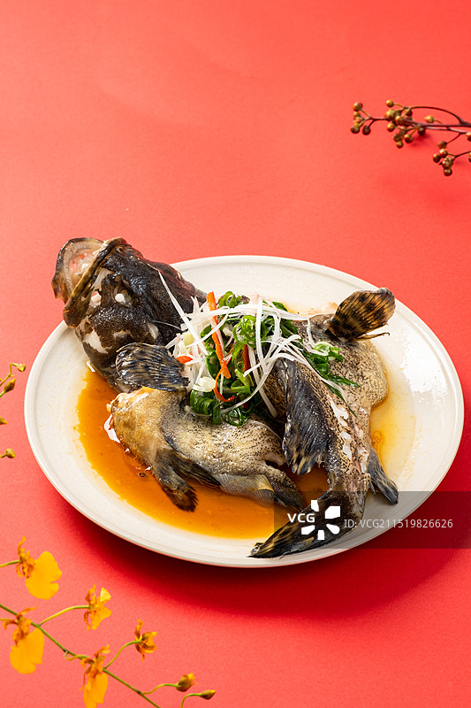 红色背景色上一碟清蒸石斑鱼图片素材