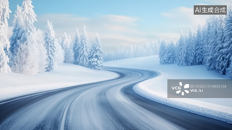 【AI数字艺术】冬季森林雪景与弯曲公路弯道路面背景图片素材