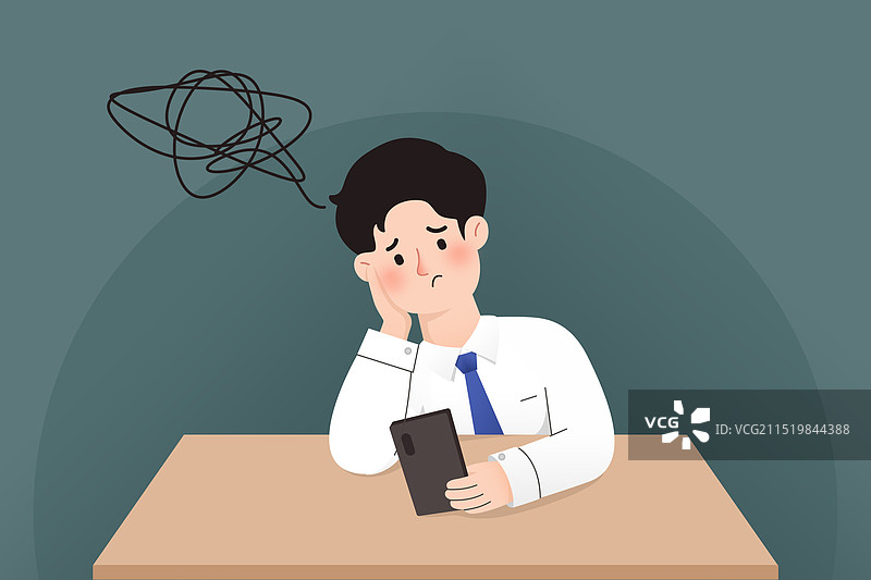 伤心郁闷心烦不高兴的托腮看手机思考发愁一团糟的男人图片素材