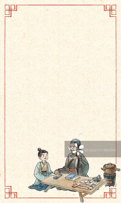 诊脉老中医中医医生中医药材望闻问切行医看病—国画古风水墨国风插画背景图片素材