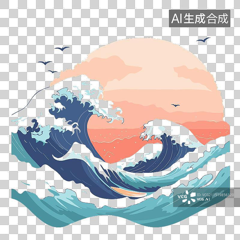 【AI数字艺术】中式海浪图片元素扁平风格，线条流畅。海浪奔腾，尽显中式韵味，为画面增添独特魅力。图片素材