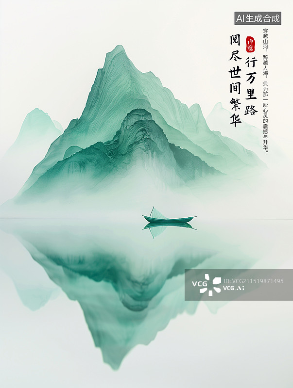 【AI数字艺术】水墨风绿色山水画企业文化地产广告插画海报模版，新中式 工笔画山水风景 国潮风山水插画 重阳登高 竖版图片素材