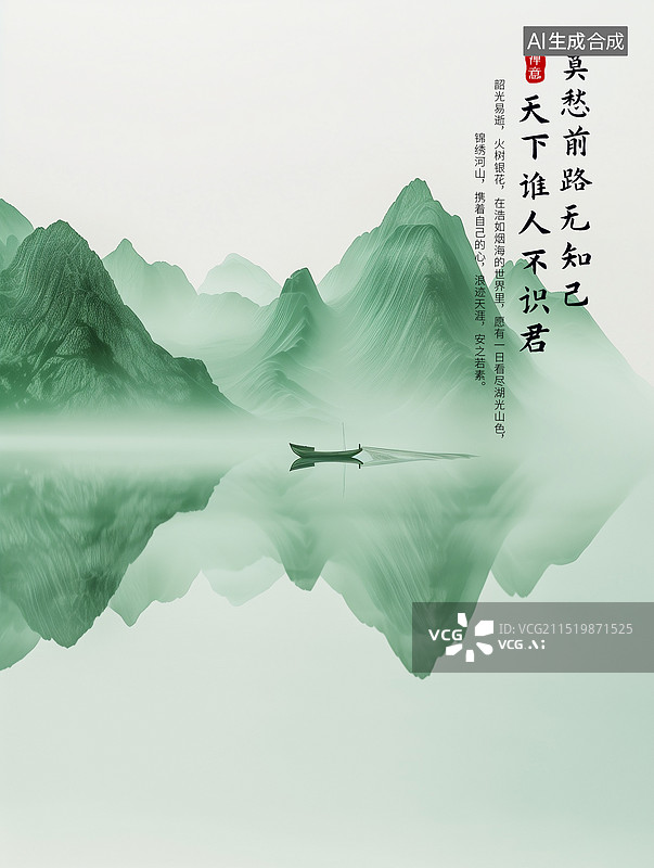 【AI数字艺术】水墨风绿色山水画企业文化地产广告插画海报模版，新中式 工笔画山水风景 国潮风山水插画 重阳登高 竖版图片素材