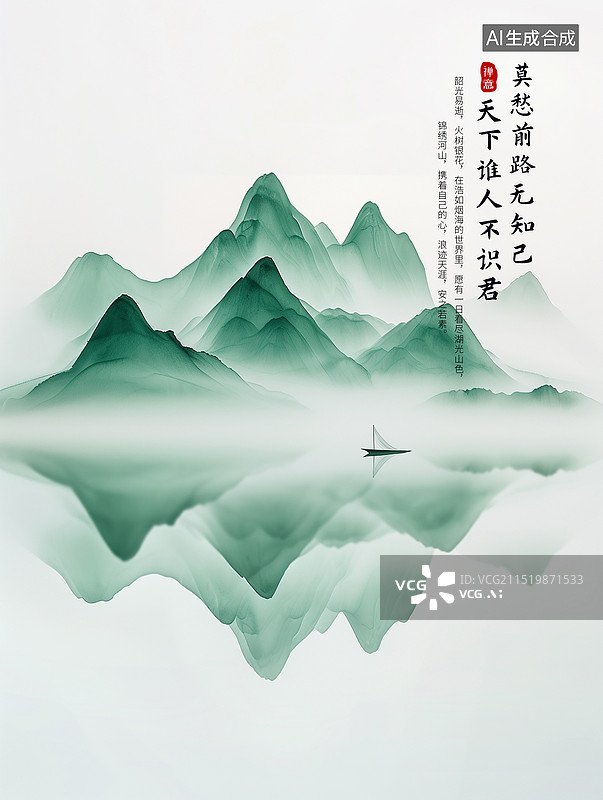【AI数字艺术】水墨风绿色山水画企业文化地产广告插画海报模版，新中式 工笔画山水风景 国潮风山水插画 重阳登高 竖版图片素材