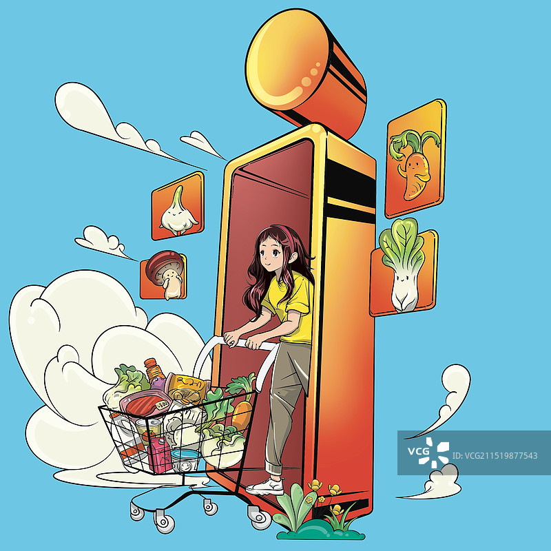 字母i 购物的女生 蔬菜 食材 可爱 插画 立体插画图片素材