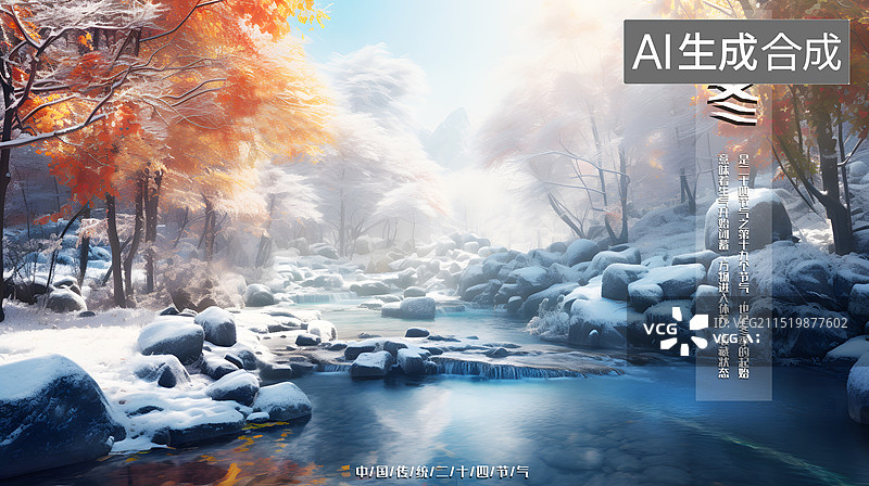 【AI数字艺术】AIGC：立冬节气海报，下雪的户外风景，古建筑图片素材