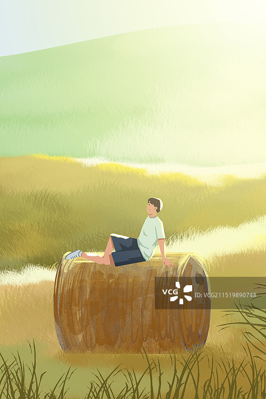 童年往事小时候回忆上学放学后乡间草垛子乡村农村草地游玩田野农场草地植被秋天秋季草地一个人孤独回忆插画图片素材