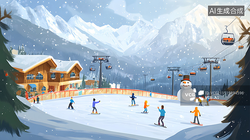 【AI数字艺术】冬天滑雪卡通插画图片素材